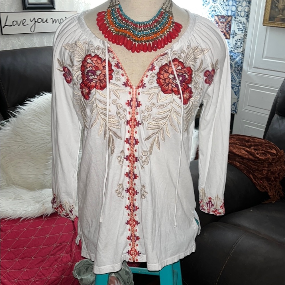 Johnny Was Cream Blouse with Red Floral Embroidery